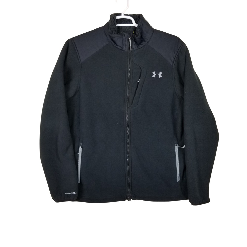 Under Armour Full Zip Fleece Jacket Mens L Black UA Storm ColdGear Woven Overlay